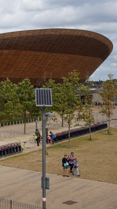 A view on the façade of the Lee Valley VeloPark, located inside the Queen Elizabeth Olympic Park in London.