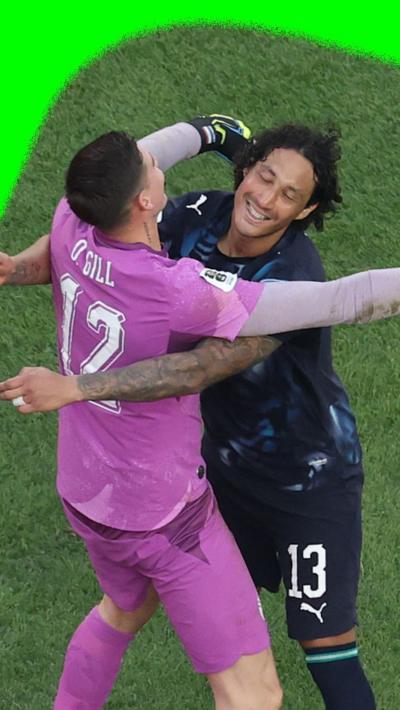 Orlando Gill and José Canale celebrating after winning the Penalty shoot out against Germany  