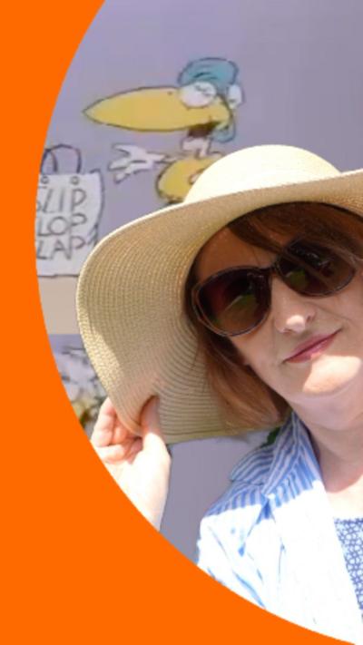 BBC Presenter Jane Wilkinson to the right of screen wearing sunglasses and a large summer hat.
