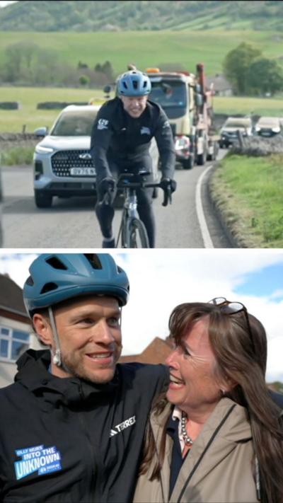 A composite image. Above is a man in a black outfit and blue helmet on a bike. Below he's being hugged by a woman in a grey coat