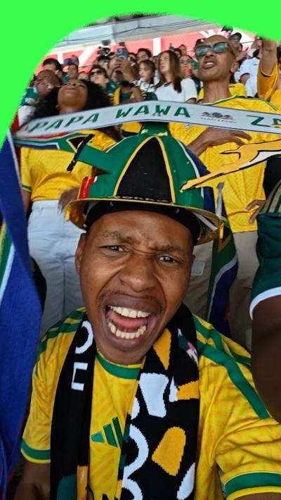 Vennentious Trudent celebrates with South African fans
