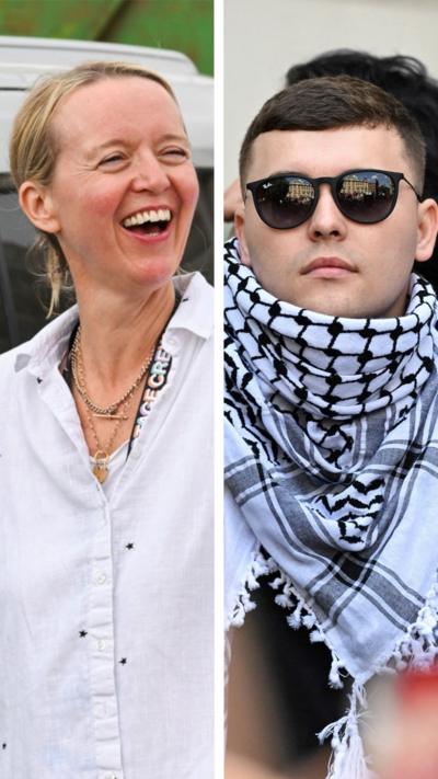 Splitscreen of Eavis waving and Kneecap member outside court