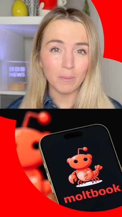 Moltbook logo beneath Lucy Woodham, a BBC journalist with long blonde hair