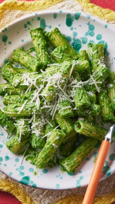 Green pasta on a spotted blue plate with a fork in it, sitting on a yellow place mat