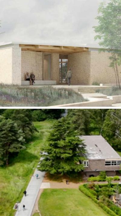 A composite photograph showing a new single-storey cancer centre. The bottom photo is an aerial view