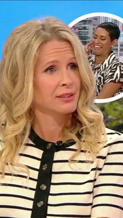 Lucy Beaumont in a pale yellow top with black stripes