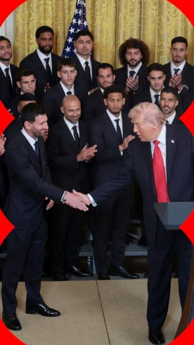 Lionel Messi and Donald Trump shake hands