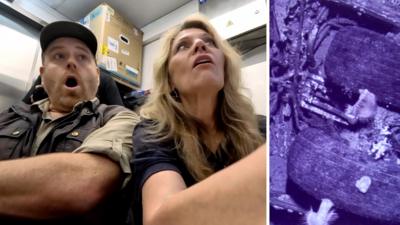 On the left, a man and a woman being surprised; on the right, a plane engine at the bottom of the sea.