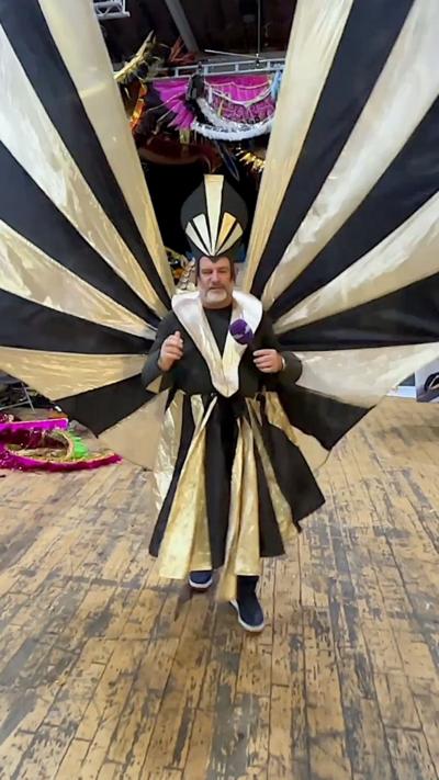 Man with a beard wears carnival costume of black and gold stripes with a pharaoh-like head dress