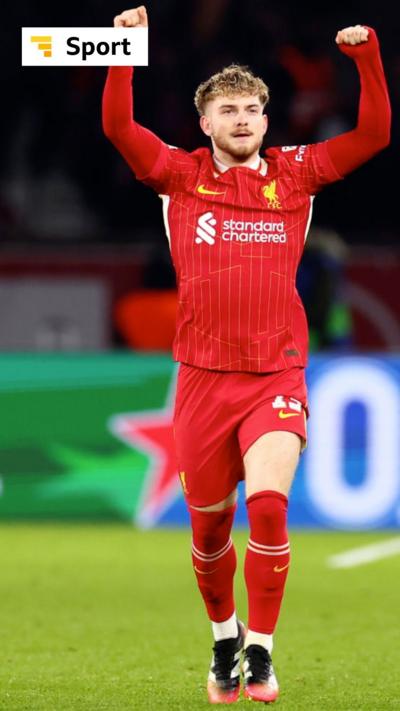 Harvey Elliott of Liverpool celebrates at the end of the UEFA Champions League match against PSG