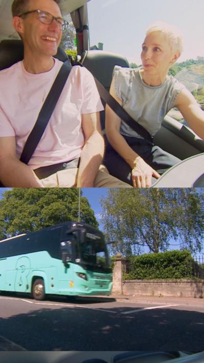 Women and man sat with seatbelts on smiling at eachother and underneath a split screen of a coach driving along a road. 