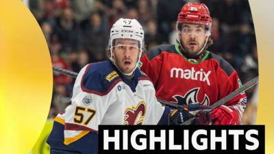 Cardiff Devils’ Riley Brandt and Jake Gravelle of Guildford Flames 