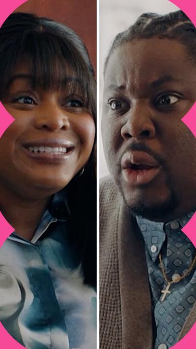 Composite image of a woman smiling through gritted teeth and a man looking shocked