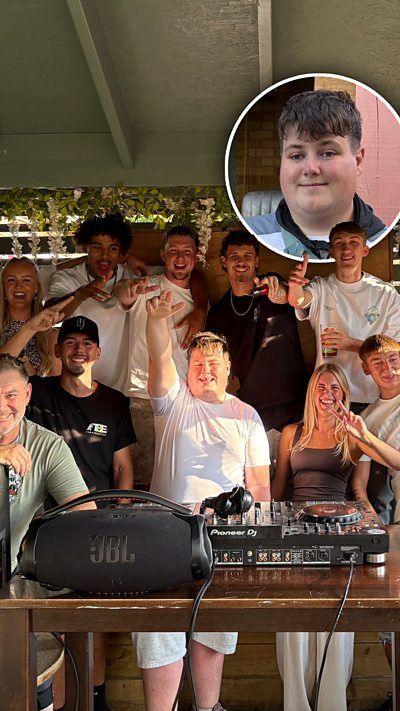 A group of young people behind DJ decks and a speaker with their hands in the air and an insert image of Adam James.