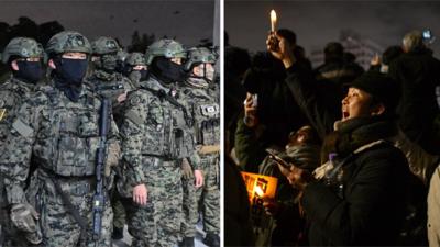 Left image shows soldiers trying to get in to the National Assembly; right image shows protesters outside it