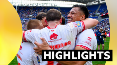 Hull KR players celebrate victory over Hull FC
