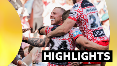 Josh Charnley of Leigh celebrates with Bailey Hodgson and Ben McNamara after scoring a try.
