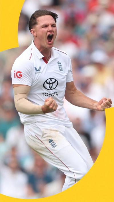 Sonny Baker reacts to his first Test wicket for England