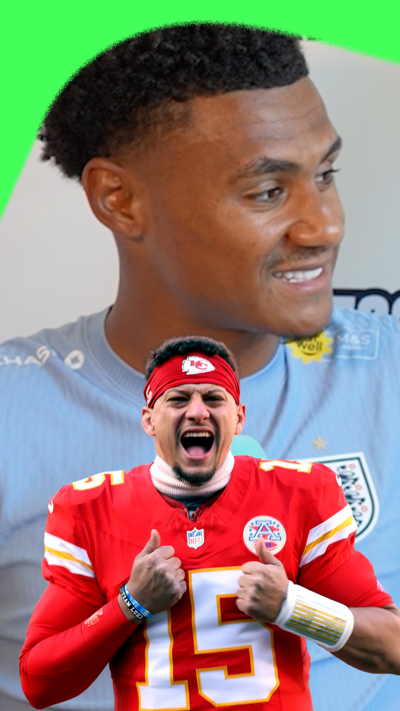 Ollie Watkins, wearing a light blue England training top, with a cut out of Patrick Mahomes wearing a red Kansas City Chiefs kit placed next to him.