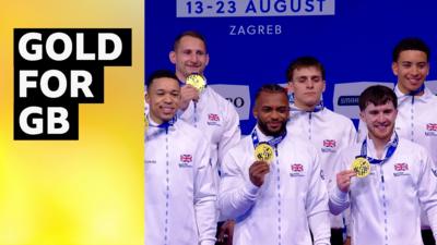 Great Britain's Joe Fraser, Harry Hepworth, Jonas Rushworth, Courtney Tulloch and Sol Scott with their gold medals in hand