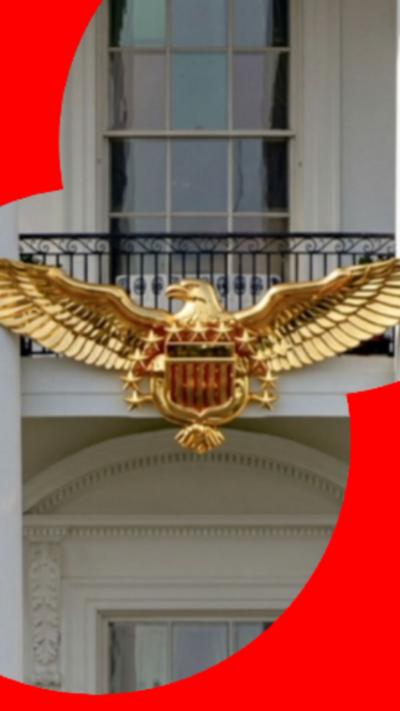 AI-generated image of a golden eagle with it's wing's spears across the front of the Truman balcony at the White House