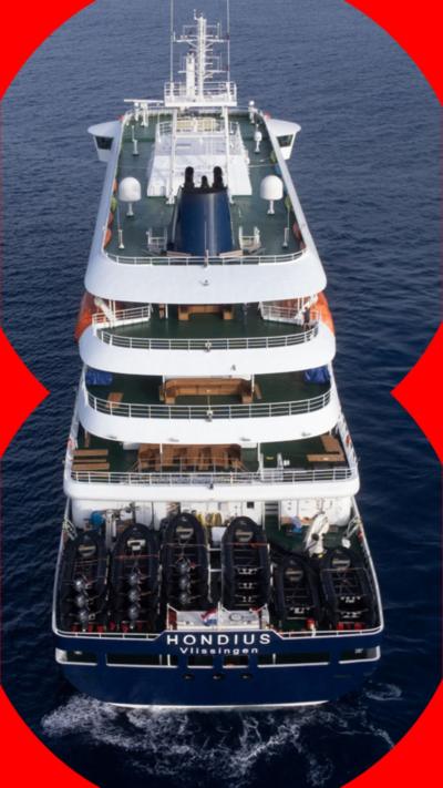 Aerial view of the back of the Hondius cruise ship