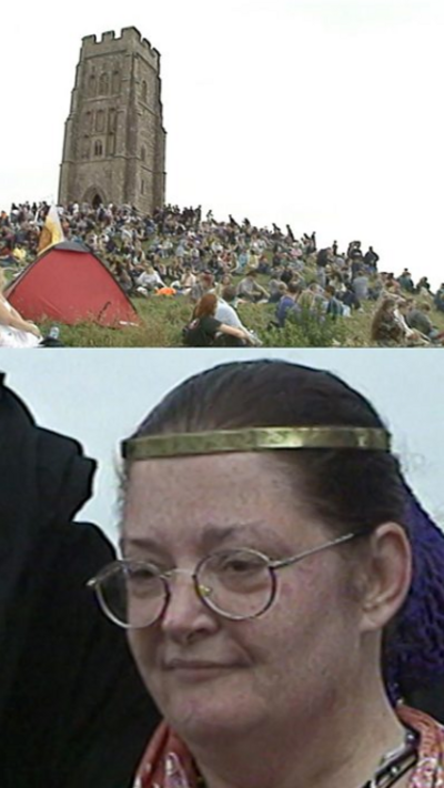 A split screen with Glastonbury Tor and a woman wearing a gold headband