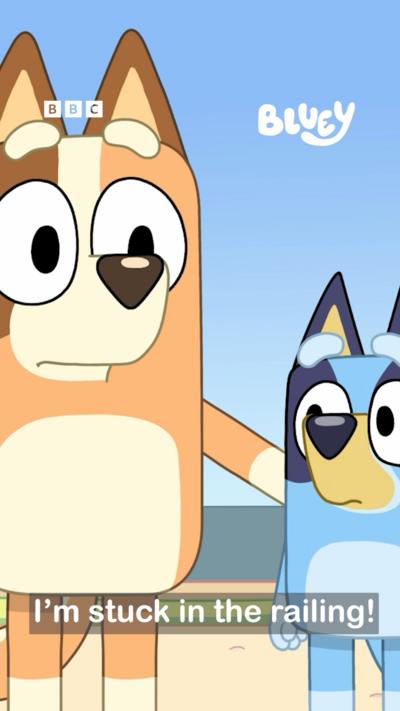 Chilli and Bluey watch as Bingo yells "I'm stuck in the railing!"