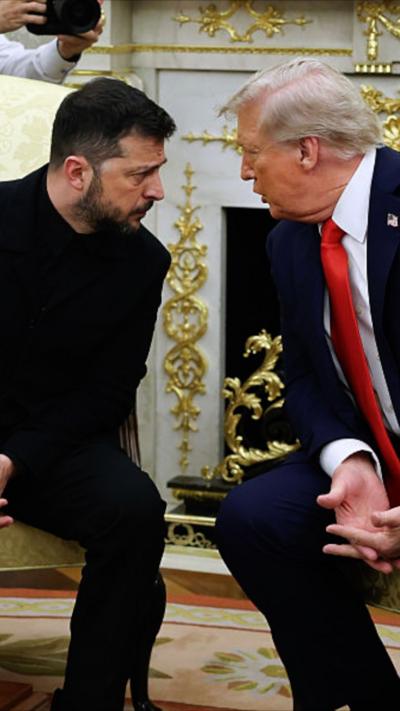 Zelensky and Trump look at each other close up.