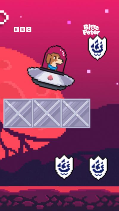A cartoon Henry the dog in a UFO in space.