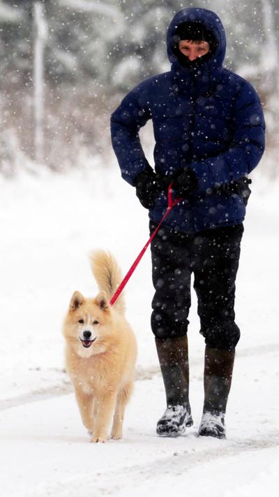 A man wrapped in a thick coat, walking a fluffy dog on a lead through snow