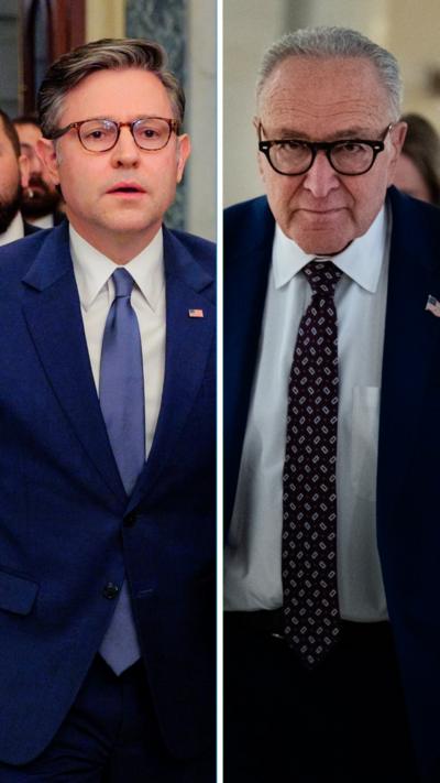 Split screen showing two men in suits - Mike Johnson on the left and Chuck Schumer on the right.