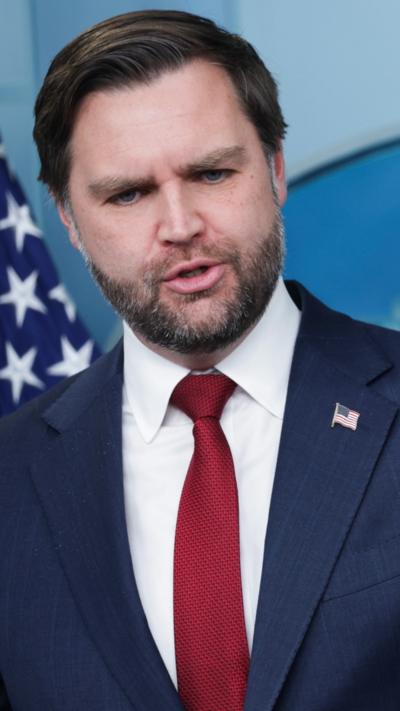 ice President JD Vance speaks during a news briefing.