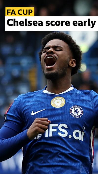 Jorrel Hato celebrates scoring the opening goal for Chelsea against Port Vale int he FA Cup on April 4 2026