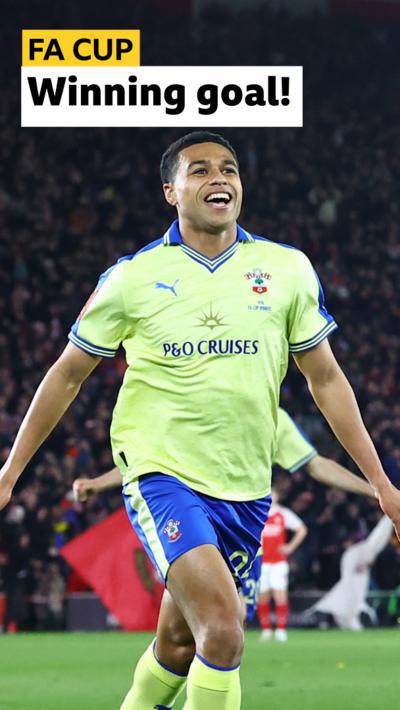 Shea Charles reacts to scoring the winning goal for Southampton against Arsenal in the FA Cup.