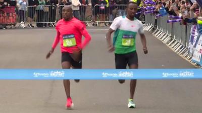 Abay Alemu (left) wins the 2026 Belfast Marathon