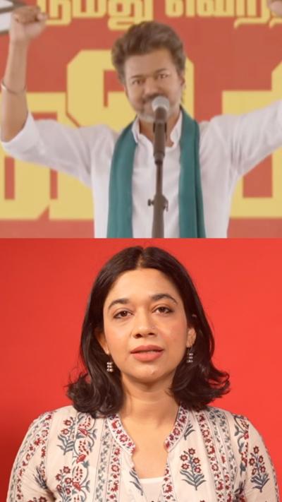 Split-screen of BBC journalist with actor-turned-politician Vijay