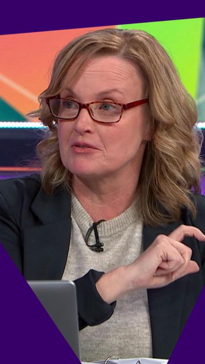 Prof Ailsa Henderson is sitting behind her laptop screen and gesturing. There is a purple graphic border on the image.