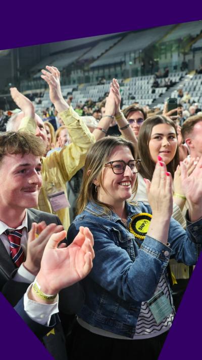 SNP campaigners clapping and celebrating