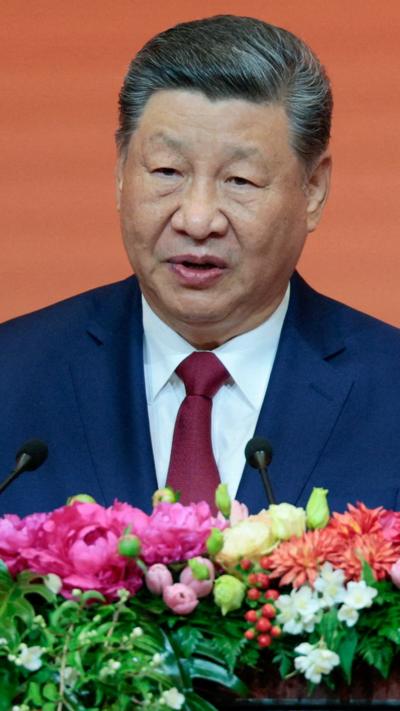 Xi Jinping speaking during speech with flowers in front of him