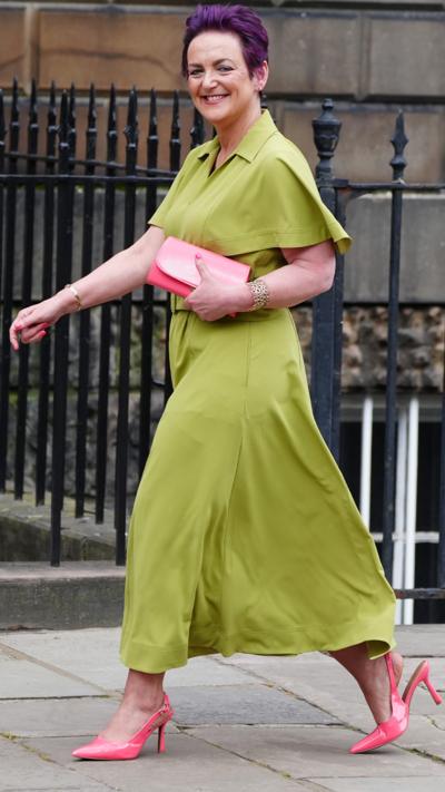 Angela Constance arriving at Bute House, wearing green dress