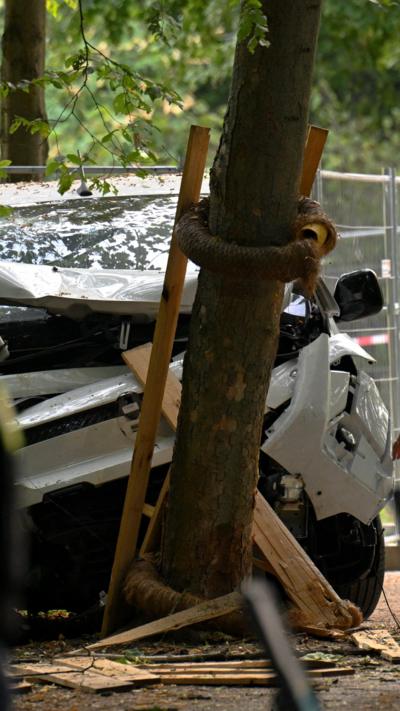 A white van with a bent bonnet up against a tree