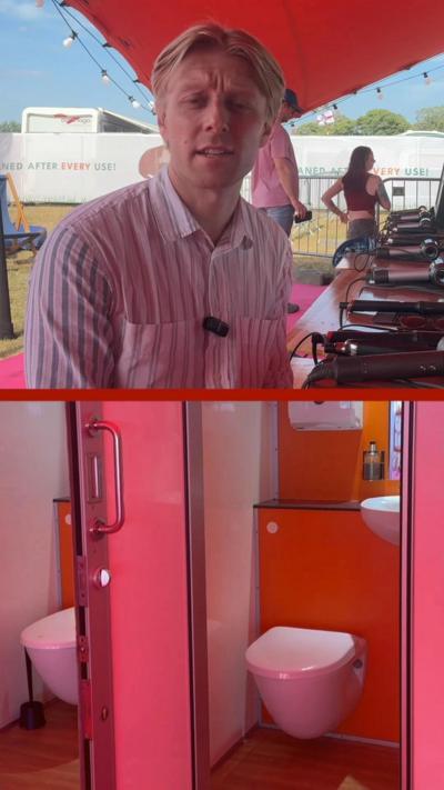 BBC reporter at music festival wearing a white striped shirt with view of toilet cubicle