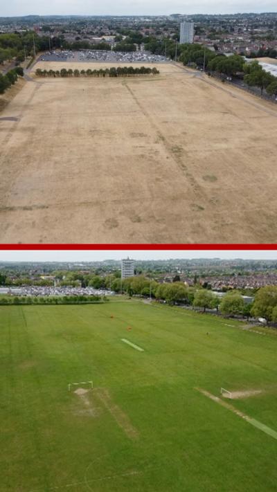 A composite image showing Forest Recreation Ground before and after the dry weather