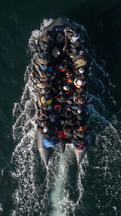 Aerial shot of migrant boat in Channel