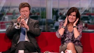 Charlie and Susanna play the trumpet
