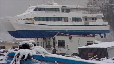 Boat on roof of building in Otsuchi, Iwate
