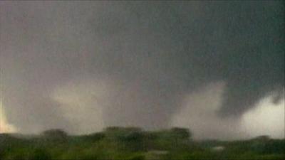 The tornado split into three funnels