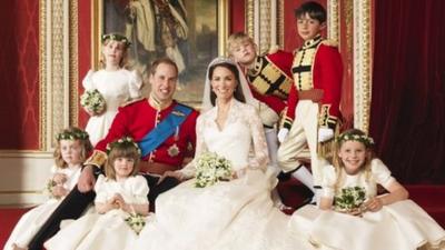 The bride and groom Prince William, Duke of Cambridge and Catherine, Duchess of Cambridge pose for an official photo with (clockwise from bottom right) The Hon. Margarita Armstrong-Jones, Miss Eliza Lopes, Miss Grace van Cutsem, Lady Louise Windsor, Master Tom Pettifer, Master William Lowther-Pinkerton, in the throne room at Buckingham Palace on April 29, 2011