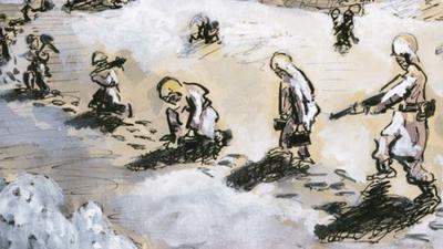 Sketch of soldiers marching through snow in WWII